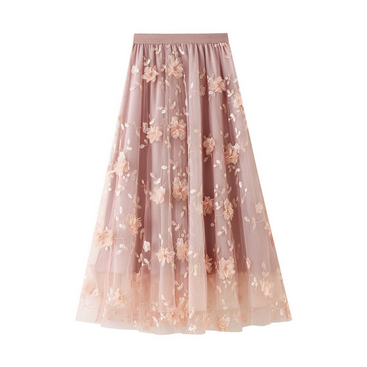 Embroidered Tulle A-Line Maxi Skirt