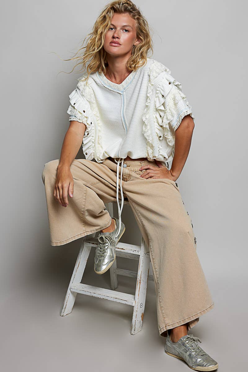 Textured Knit Ruffle Sleeve Lace Top