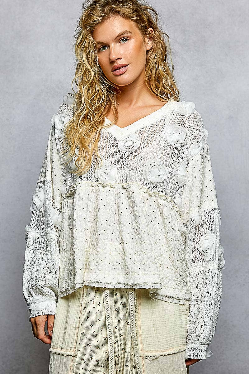 Eyelet Ruffle Balloon Sleeve Top