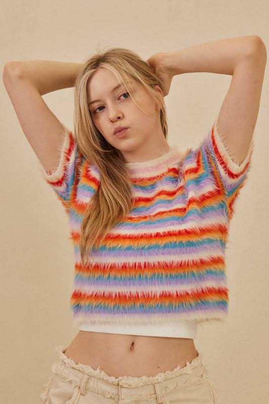 Furry Yarn Striped Knit Top