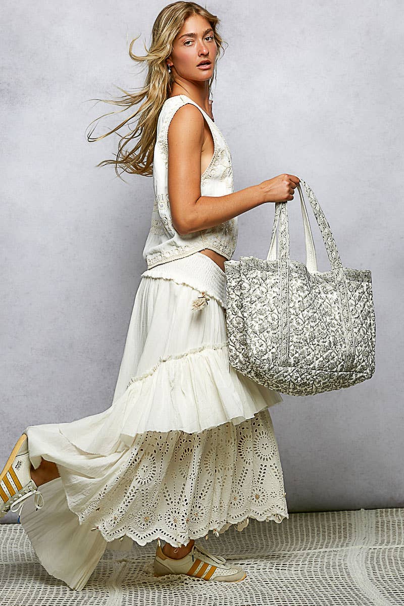 Eyelet Patch Reverse Ruffle Tassel Solid Maxi Skirt